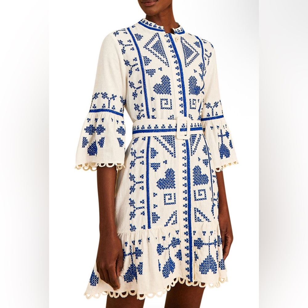 NWT- FARM Rio Cream and Blue Embroidered Dress
